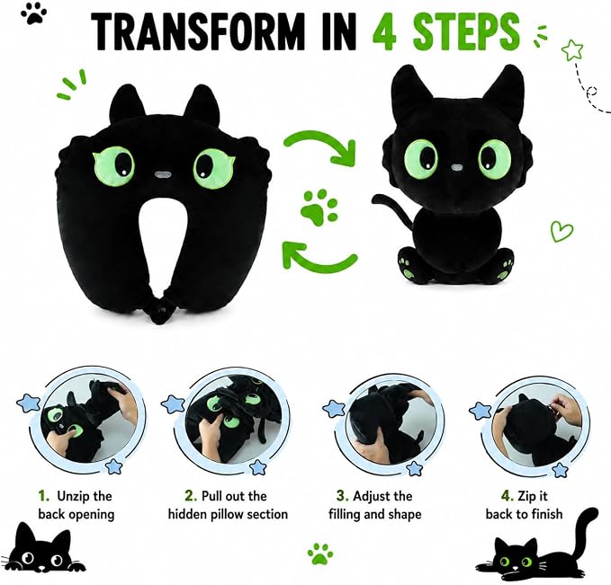 2-in-1 Travel Pillow for Kids & Adults Car Neck Pillow Memory Cotton U-Shaped Neck Pillow Soft Head Support Travel Accessories for Airplane Car Train Bus Airplane Pillow (cat) - Image 4