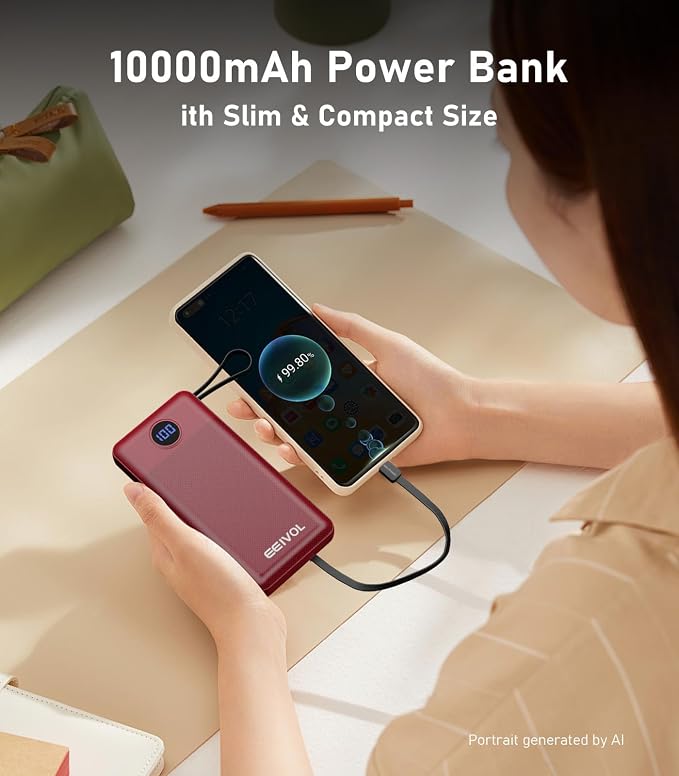 Portable Charger with Built in Cables, Slim 10000mAh Power Bank, USB C Battery Pack Travel, 4 Output 2 Input External Charging Bank for iPhone 17/16/15/14/13,Samsung, Android, etc-Red(1 Pack) - Image 6