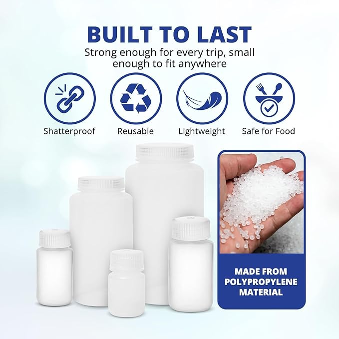 United Scientific™ HDPE Travel Bottles for Toiletries, 90ml (3oz), 6-Pack | TSA Approved Narrow Mouth Containers, Travel Size, Leakproof, Resists Knocks and Drops, Stands Upright in Bag, Reusable - Image 5