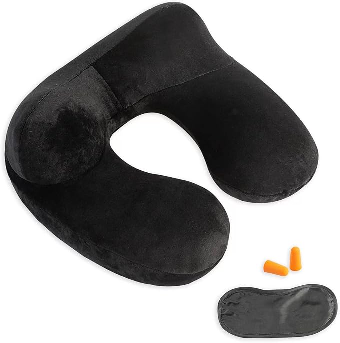 Inflatable Travel Pillow, Neck Pillow Support for Traveling, Airplanes, Cars, and Offices with Compact Carrying Bag, Soft Velvet Washable Cover, Ideal for Adult Sleepers (Black) by Makimoo