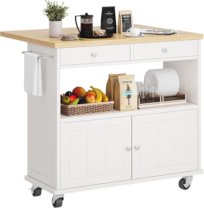 Rolling Kitchen Island with Folding Drop Leaf Breakfast Bar, 35.4'' W Kitchen Cart with Storage Cabinet and 2 Drawers, Portable Mobile Kitchen Island Table with Towel Rack, Lockable Wheels, White by KNOWORLD