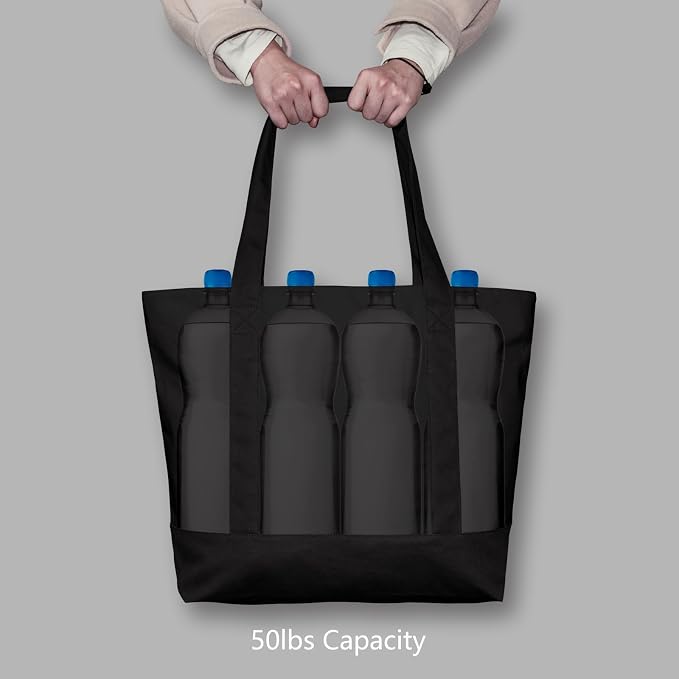 TOPDesign 6-Pack Canvas Tote Bags with an External Pocket, Reusable Grocery Shopping Bags, Top Zipper Closure, Daily Essentials (Black) - Image 6