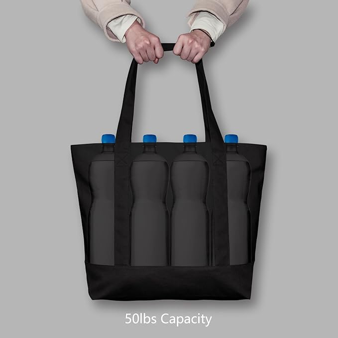 TOPDesign 1-Pack Canvas Tote Bag with an External Pocket, Reusable Grocery Shopping Bag, Top Zipper Closure, Daily Essentials (Black) - Image 6