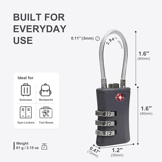 TSA Locks for Luggage, Small Combination Padlock with Cable, Luggage Locks TSA Approved for International Travel Essentials, Suitcase, Backpack Zipper, Locker, Flight Attendant Accessories - Image 5