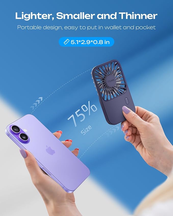Otlonpe Rechargeable Mini Portable Handheld Fan, Small Personal Battery Powered Handheld Portable Fans for Hand Held Desktop Travel, Foldable Stand, Slim Cordless, Wrist Strap, 3-Speed (Blue) - Image 4