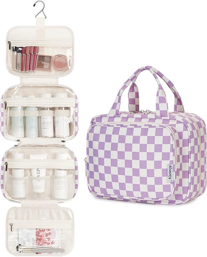 Narwey Hanging Toiletry Bag for Women Travel Makeup Bag Organizer Toiletries Bag for Travel Size Essentials Accessories Cosmetics (Purple Checkerboard (Medium)) - Image 2