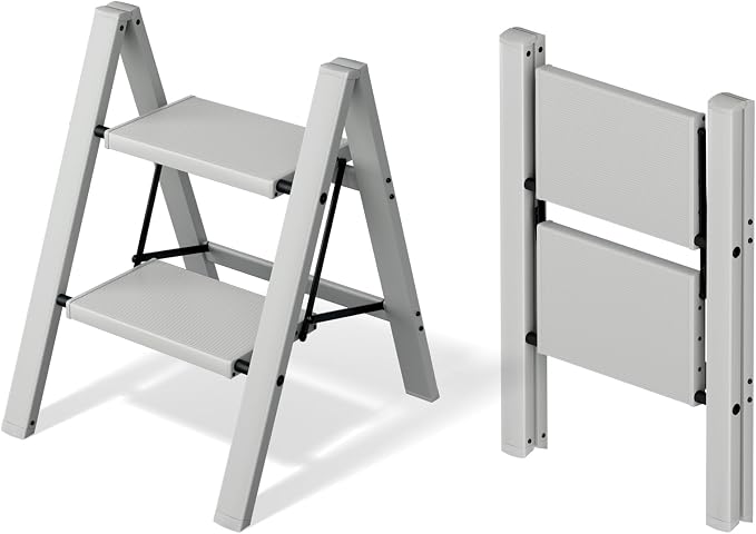 Mayi Plus 2 Step Stool Foldable, Aluminum, Lightweight Step Ladder | Extra-wide anti-slip folding steps with 330 lbs, for home,kitchen,office,outdoor,Grey by MAYIPLUS