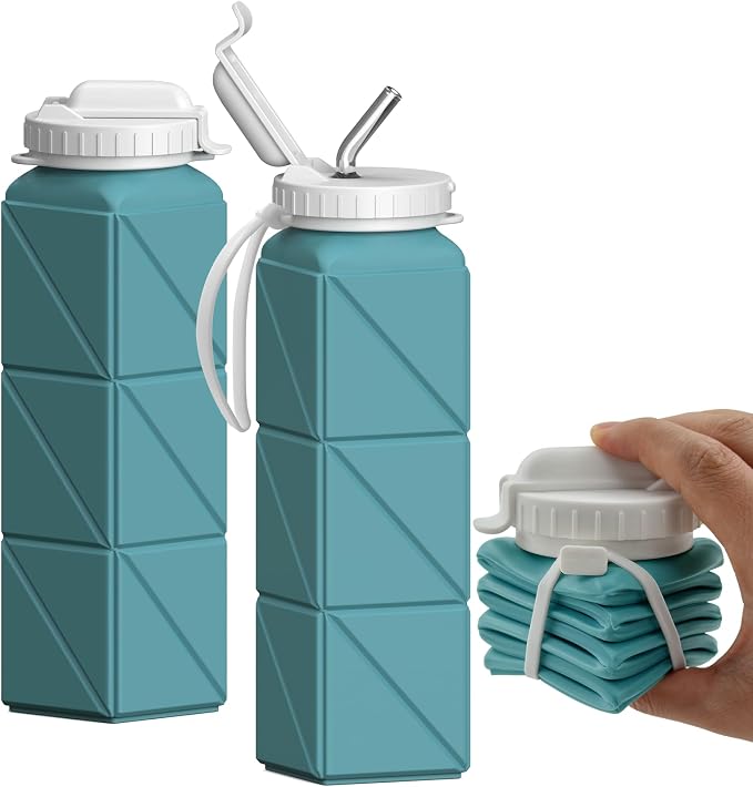 BEAUTAIL Collapsible Water Bottles with Straw 21 oz, Travel Water Bottle | BPA Free, Leakproof & Reusable, Silicone Foldable Water Bottle for Traveling, Hiking, School, Sports, Outdoor, 1-Pack, Blue by BEAUTAIL