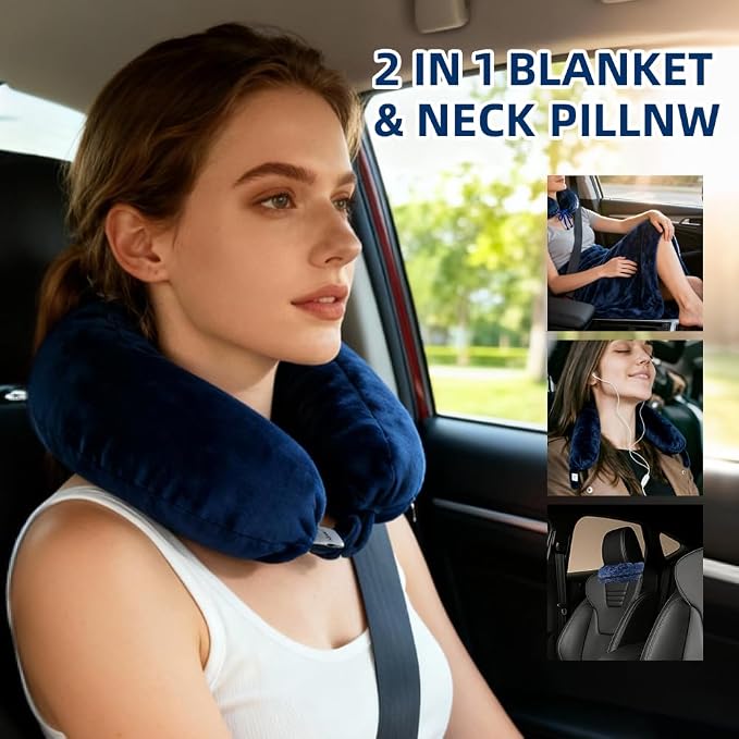 2-in-1 Travel Pillow/Blanket,Airplane Neck Pillow,Lightweight Throw Blanket | Travel Blanket Roll up as a pillow for Airplane,Camping,Office,Airplane Essentials (Blue) - Image 5