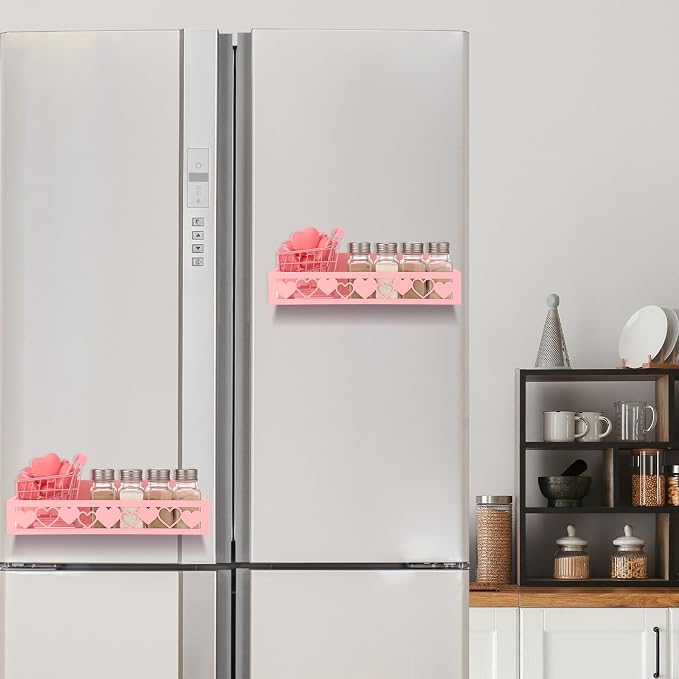 Beeveer 2 Pcs Magnetic Spice Rack for Refrigerator, Pink Heart | Magnetic, No Drilling, Pink Heart Kitchen Decor, Aesthetic Home Accessories, 2 Sizes Metal Storage Shelf for Fridge Spices - Image 7