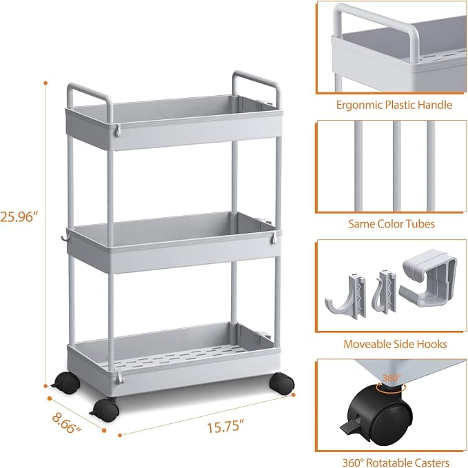 Ronlap 3 Tier Slim Rolling Storage Cart with Wheels Utility Organizer, Grey | For bathroom, laundry, kitchen, bedside & dorm. Fits art, craft, snack, makeup, nail, diaper & postpartum baby supplies - Image 2