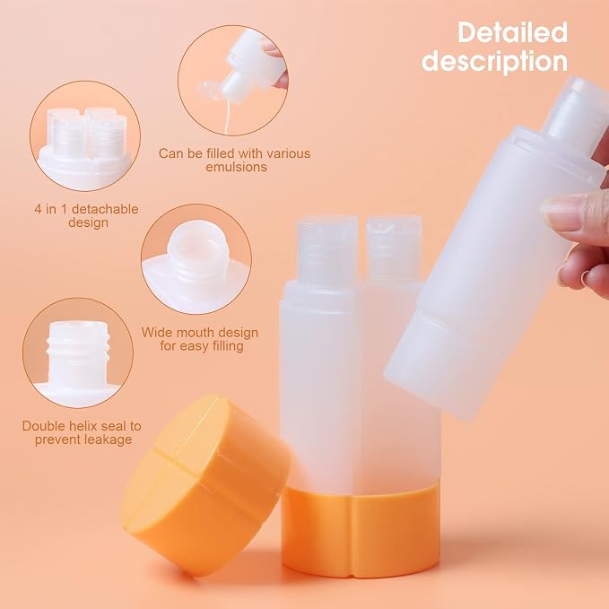 Olatay Travel Bottle, TSA approved 4-in-1 Leak-Proof Bottle, 4 * 60ml/2oz, with 2 Pre-printed Labels for Travel Gym Camping, Carry-On Travel Size Toiletries Shampoo Lotion Bottle for Women Men（Orange） - Image 3