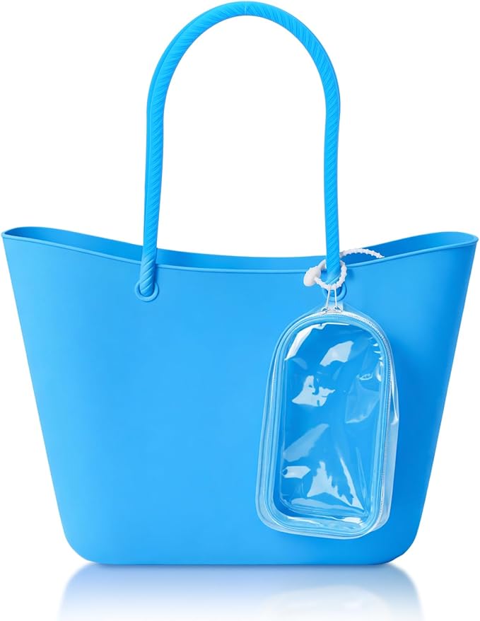 Medium Foldable Beach Tote Bag with Clear Phone Pouch 12.6" x 12"x 4.3" Washable Silicone Beach Bag for Short Trips Cruise Kayaking Picnics Camping Gym Pool Women Gift - Image 8
