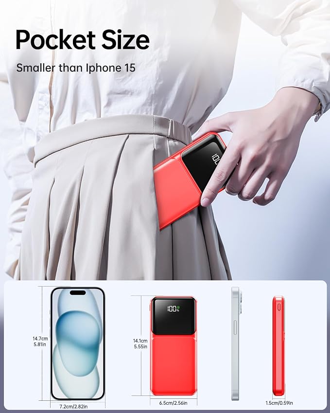 Portable Charger with Built in Cable 20000mAh Fast Charging | Power Bank USB C Slim 22.5W LED Display Battery Pack 5 Outputs & 3 Inputs for Travel Essentials iPhone Samsung Phones Red - Image 6