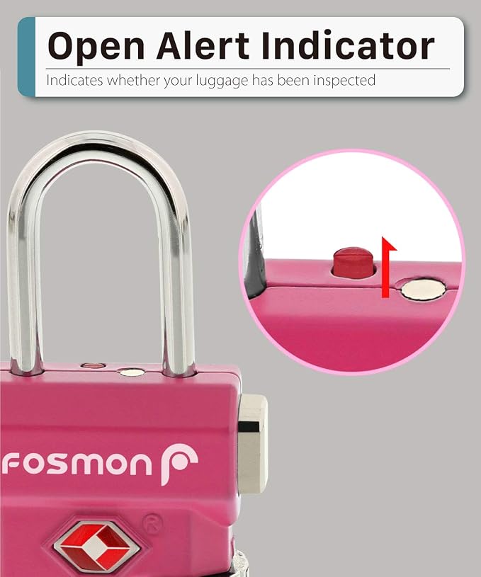 Fosmon TSA Accepted Luggage Locks, (4 Pack) Open Alert Indicator 3 Digit Combination Padlock Codes with Alloy Body and Release Button for Travel Bag, Suit Case & Luggage - Black, Blue, Pink, Silver | Push Release Button, Suitcase Travel Lock, Backpack ... - Image 7