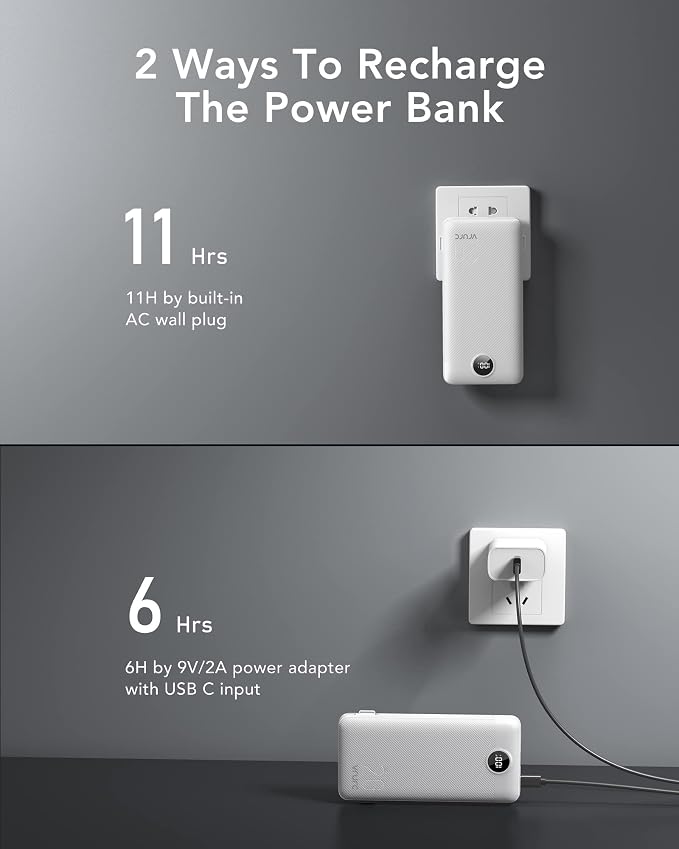 VRURC Power Bank 20000mAh, Fast Charging Portable Charger USB C,4 Output 2 Input Travel Essentials Charging Bank Equipped with LED Display,Built-in Wall Plug and Cables,Phone Charger Battery,White - Image 4