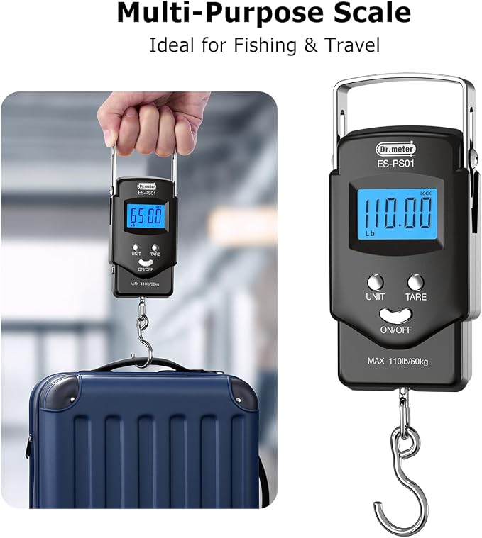 Dr.meter Fish Scale, 110 lb Digital Luggage Scale with Tape | 110 lb Capacity, Backlit LCD, Built-In Tape, Includes 2 AAA Batteries, Compact Pocket Size - Image 2