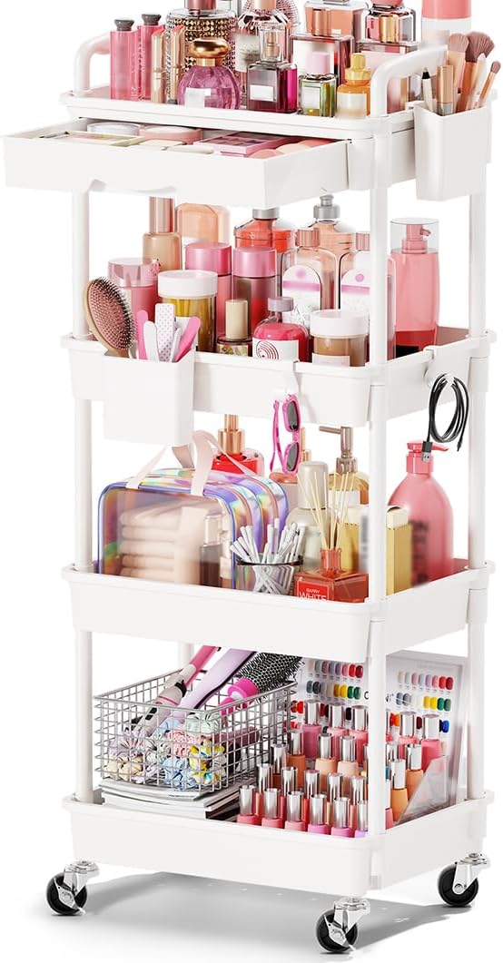Goovilla Rolling Makeup Organizer Cart with Removable Drawer, 4 Tier White | Stable Floor Skincare Storage Cart for Vanity, Cosmetic Display, Nail Polish, Perfume, Hair Stuff, Beauty, Bathroom(Plastic) by Goovilla