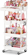 Goovilla Rolling Makeup Organizer Cart with Removable Drawer, 4 Tier White | Stable Floor Skincare Storage Cart for Vanity, Cosmetic Display, Nail Polish, Perfume, Hair Stuff, Beauty, Bathroom(Plastic) by Goovilla
