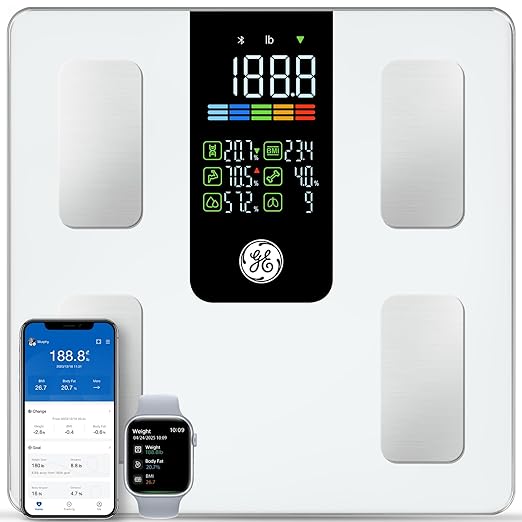 GE Smart Scale for Body Composition, Weight, BMI, 500lb, Large 11.8-Inch | Body Fat Scale with Muscle Mass, Digital Bathroom Weighing Health Monitor, FSA Eligible HSA, Bluetooth App Sync, White by Unknown