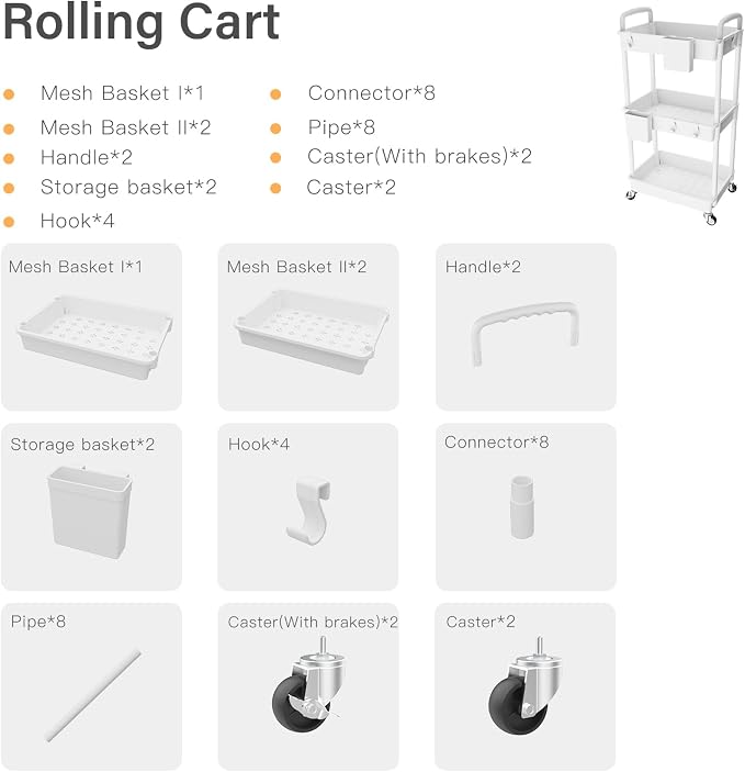 3 Tier Rolling Utility Cart with Handle,REBECAT Utility Cart Made of Multifunctional Storage Organizer Tool for Kitchen,Bathroom,Living Room,Office(White) - Image 4