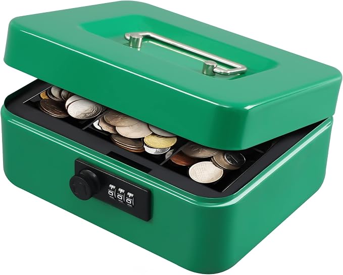 KYODOLED Cash Box with Combination Lock,Safe Metal Box for Money,Storage Lock Box with Money Tray,7.87"x 6.30"x 3.54" Green Medium by KYODOLED
