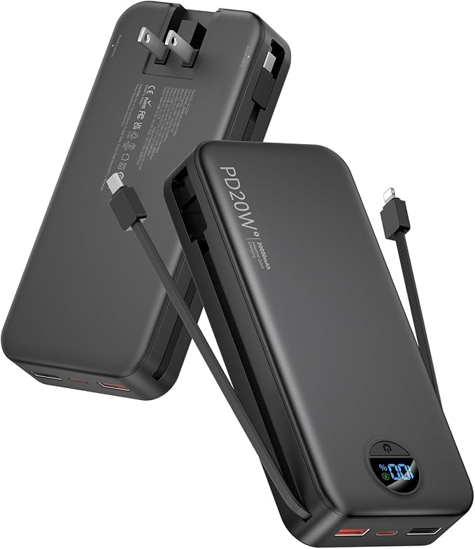 citicr Portable Charger 20000mAh PD20W w/Built-in Cables & Wall Plug Black | High capacity, Fast charging, Built-in wall plug, LED display, Charge 5 devices at once, Pass through charging, TSA approved by CITICR