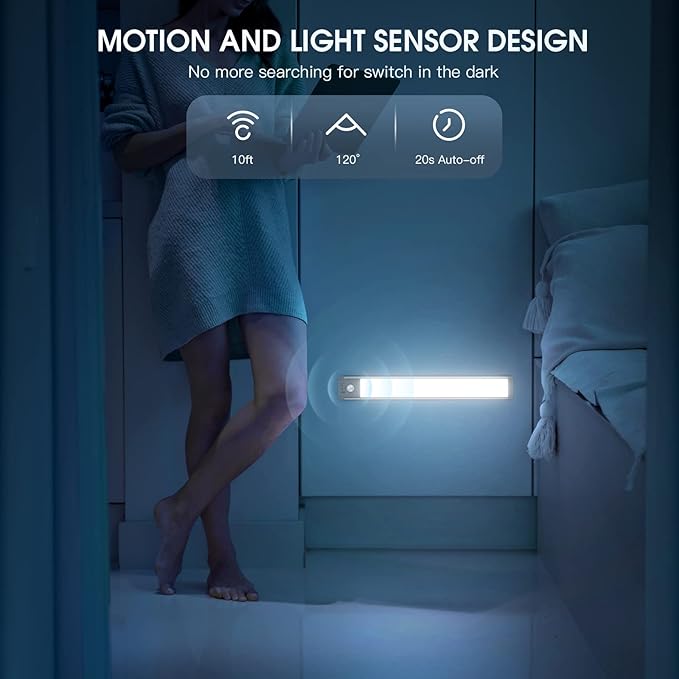 14.7inch Under Cabinet Lighting with 3 Color Temps, 2 Pack Rechargeable Motion Sensor Light Indoor, 5 Levels Dimmable Magnetic Closet Lights, Wireless Under Counter Lights for Kitchen, Stairs - Image 5