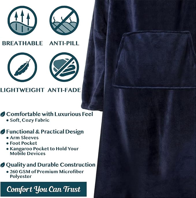 PAVILIA Fleece Blanket with Sleeves, Foot Pockets for Women Men Adults, Plush Wearable Blanket Throw Wrap, Warm Snuggle Blanket Robe, Cozy Gift Ideas Wife Mom, Navy Blue - Image 4
