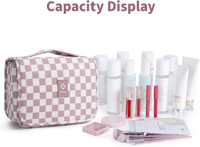 Narwey Small Hanging Travel Toiletry Bag for Traveling Women, Checkered Travel Bag for Toiletries, Makeup Bag Organizer Make Up Cosmetic Bags,Gifts for Kids Teen Girls (Dusty Pink Checkerboard) - Image 6