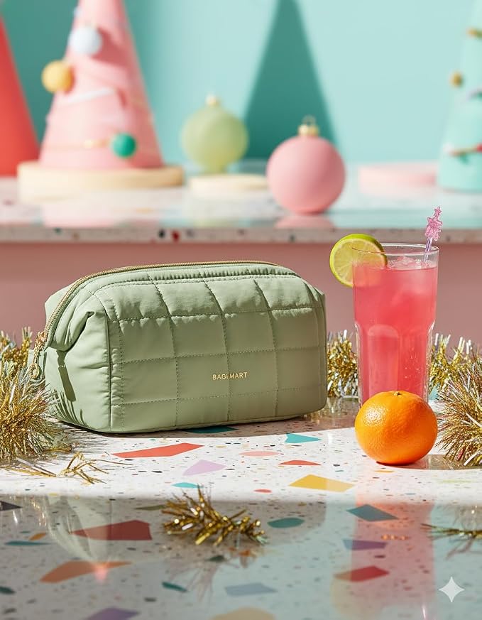 BAGSMART Makeup Bag Travel Toiletry Bag, Wide-open Zipper Pouch, Sage Green | Puffy Padded, Travel Essentials, Make Up Bag, For Women, Makeup Organizer, Toiletries Accessories Brushes - Image 2