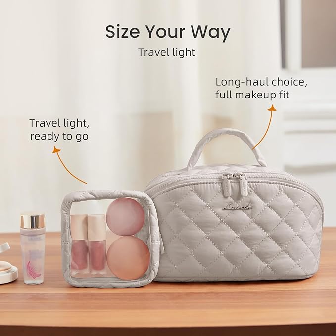 LOVEVOOK Travel Makeup Bag for Women, 2Pcs Puffer Waterproof Cosmetic Organizer, Large Capacity Pouch Open Flat Small Toiletry Bag with Brush Compartment & Handle (Light khaki, Medium) - Image 5