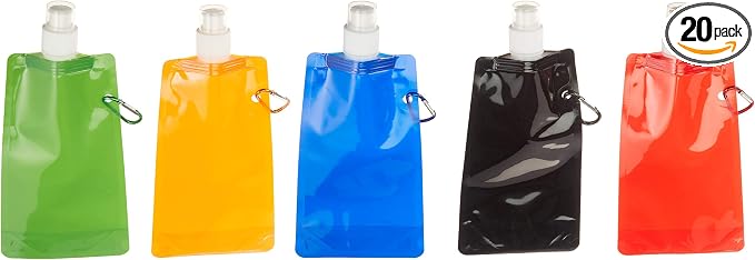 Funiverse Bulk 20-Pack 16 oz Collapsible Water Bottles - 5 Assorted Colors (Black, Green, Blue, Red, Orange) Foldable Travel Bottles for Sports, Gym, Camping, Party Favors & Gifts by Funiverse