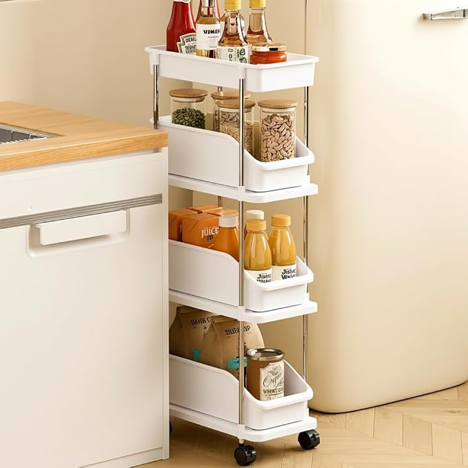 Slim Storage Cart 4 Tier Slim Rolling Utility Cart with Pull-Out Baskets & Wheels for Narrow Space in Kitchen Dining Room Bathroom Laundry Room Cream White (Width 6.3 Inches) by Betoveren