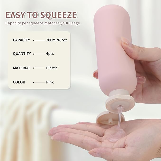 Empty Shampoo Bottles 6.7oz, Pink Flip Cap Refillable Plastic, 4 Pack Set | Toiletry containers for conditioner, big large size squeeze bottles, body wash lotion dispenser, toiletries leakproof liquid - Image 2