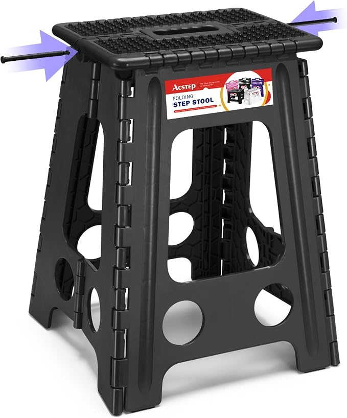 17.5 Inch Heavy Duty Folding Step Stool, 400 lbs, Dot Black | Collapsible Stepping Stool for Adults with Handle and Non-Slip Surface, for Kitchen, Garage, Bedroom and Outdoor Tasks by ACSTEP