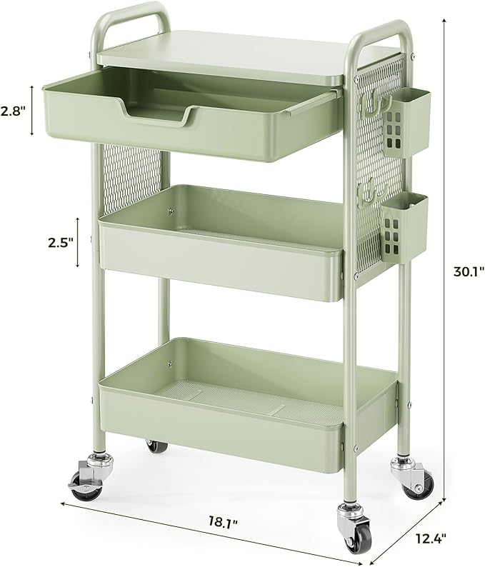KINGBOARD 3 Tier Metal Rolling Cart with Drawer, Green Utility Storage Cart | 2 Cups & 4 Hooks, Lockable Wheels, Trolley Organizer for Bathroom, Kitchen, Office, Nursery, Dorm, Laundry, Craft Room - Image 9