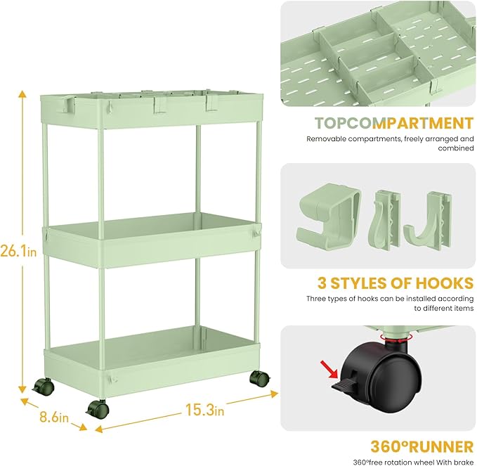 3 Tier Rolling Cart with Wheels, Storage Craft Art Trolley Organizer Serving, 3 Hanging Baskets Easy Assembly, for Office, Living Room, Kitchen, Green - Image 3