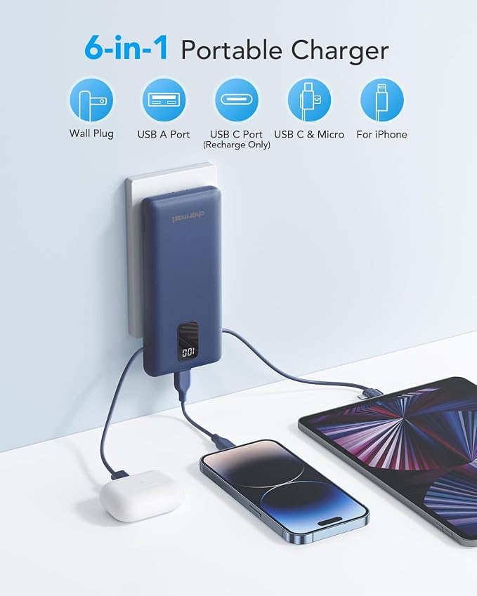 charmast Portable Charger Power Bank 10000mAh with Built-in AC Wall Plug | Built-in Cables,5 Outputs,Flight-Safe,Slim Travel Phone Charger for iPhone 17 14,Samsung Galaxy,iPad,Android,Smartwatch,etc - Image 2