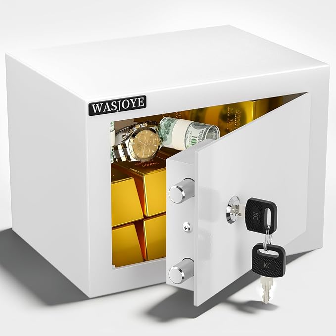 Small Safe with Key for Money, 0.25 Cu Ft Key Lock Box (White) | Small Safe Box Coffre Fort for Cash Jewelry Medicine Passport, Steel High Security Safety Box by WASJOYEUS