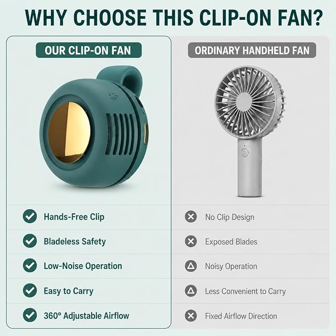 Portable Silent Mini Bladeless Fan Clip On, Small Fan Clip on for Shirt & Waist, Adjustable 3-Speed Suspended Whirlwind Fans, For Outdoor & Travel & Office, Travel Accessories (2, green) - Image 3