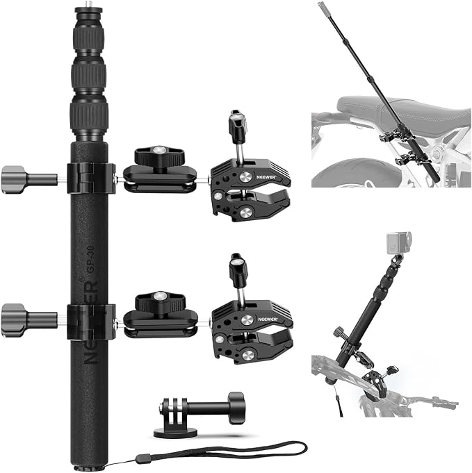 NEEWER Motorcycle Mount Accessories Kit Compatible with GoPro Insta360 DJI, Bike Tail Handlebar Invisible Selfie Stick Double Clamp Holder with Action Camera Adapter for POV Video Recording, GP-30 by Neewer