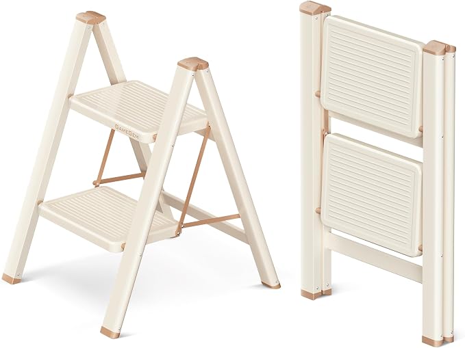 2 Step Ladder, Foldable Step Stool with Wide Anti-Slip Pedal | Portable, Sturdy Carbon Steel, 330LBS Capacity, Easy Storage, Space Saving, for Kitchen, Closet, Cream Chocolate by GameGem