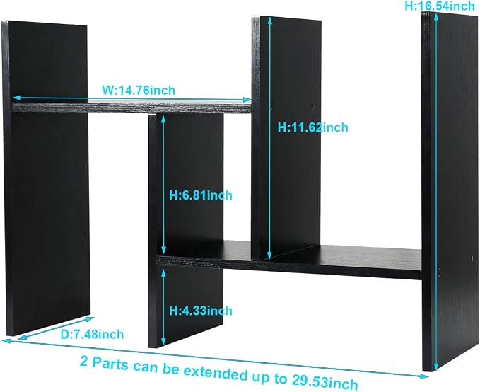 Adjustable Desktop Shelf Wood Small Bookshelf Desk Supplies Organizers and Accessories Storage Display Rack Office Decor, Black - Image 3