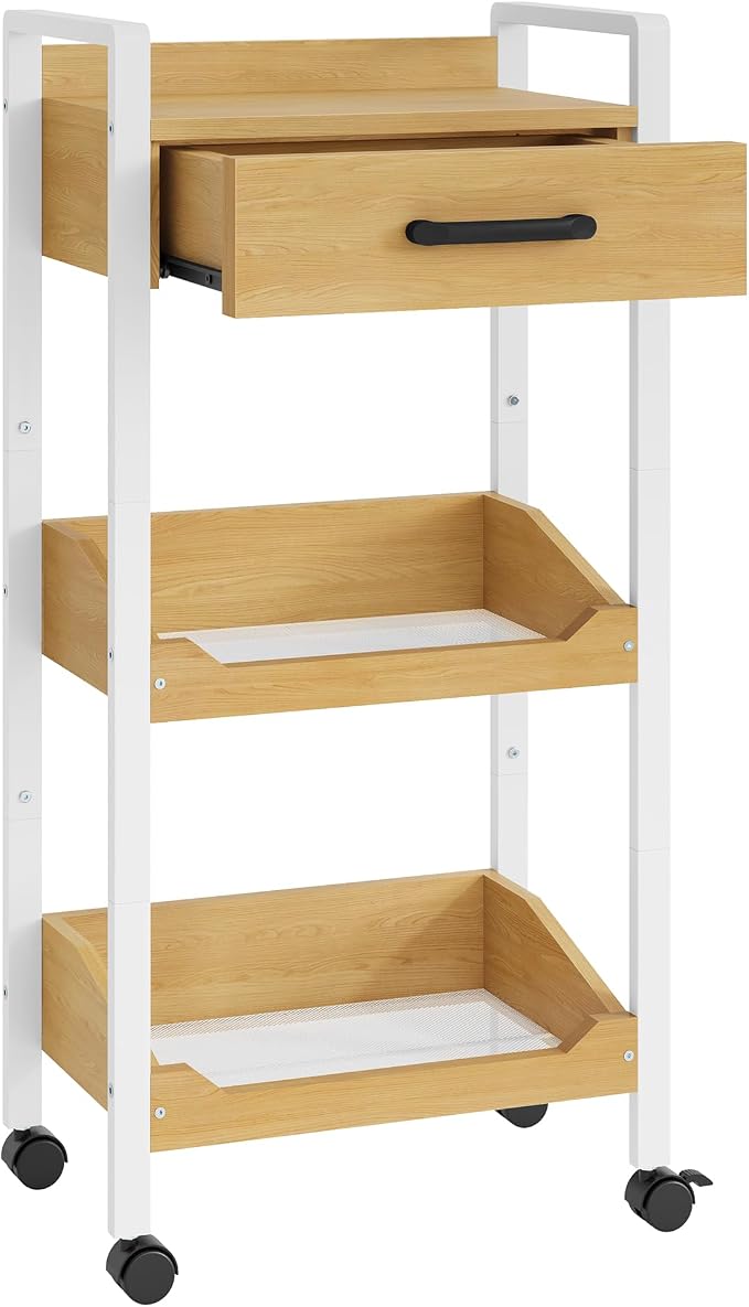Hoctieon 3-Tier Rolling Storage Cart with Drawer, Rolling Utility Cart Organizer, Mobile Shelving Unit with Wheels, Metal Frame, Kitchen Utility Cart for Small Space, Office, Bathroom, Oak Beige - Image 8