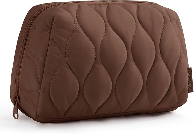 BAGSMART Makeup Bag, Travel Cosmetic Bag, Puffy Padded Make Up Bag for Women, Makeup Organizer Case, Wide-open Pouch Purse, Travel Essentials, Toiletries Accessories Brushes (Coffee Brown) by BAGSMART