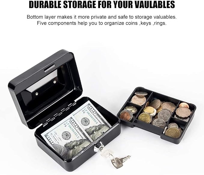 xydled Mini Cash Box with Lock, Removable Coin Tray, Steel Money Box, Black | Steel Cash Box with Key Lock, Removable Tray & Carry Handle, for Office, Retail, Home, and Money Storage, 4.9" x 3.7" x 2.4" - Image 4
