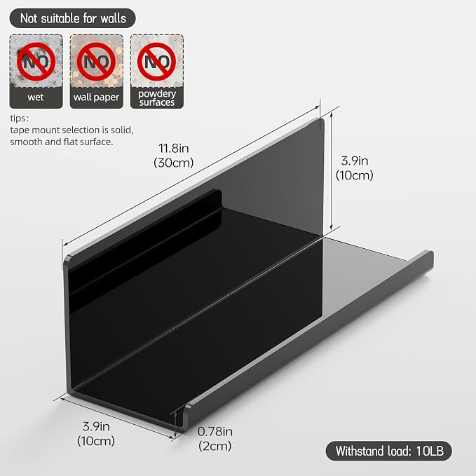 PAVSTINE Acrylic Floating Shelves for Wall No Drilling, Self Adhesive Space-Saving Shelves, 12 Inch Floating Shelf Stick on Wall Shelf, for Bathroom, Kitchen, Bedroom, Office, Gaming Room, Black - Image 3