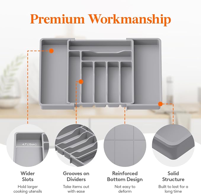 Lifewit Expandable Silverware Drawer Organizer, Kitchen Utensil Tray | BPA-free Plastic Flatware Cutlery Holder, Space-Saving Storage for Spoons Forks Knives, 13-22.4 x 15“, Gray - Image 6