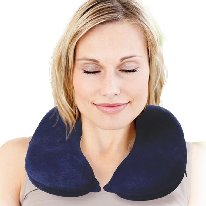 Memory Foam Travel Neck Pillow with Snap & Pocket - Blue - Image 4